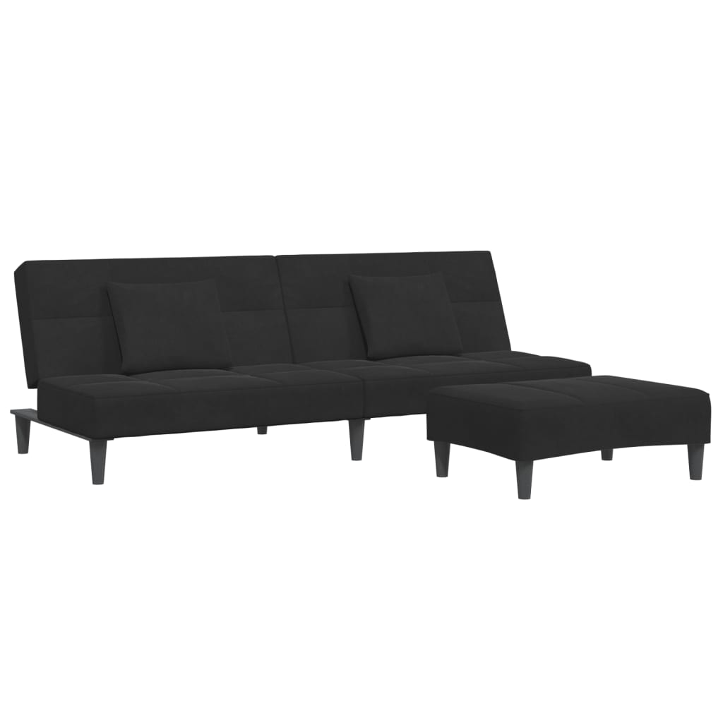 Canapea extensibilă cu taburet, 2 locuri, negru, catifea GartenMobel Dekor
