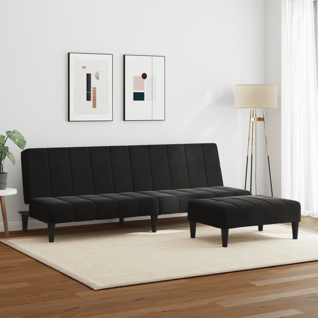 Canapea extensibilă cu taburet, 2 locuri, negru, catifea GartenMobel Dekor