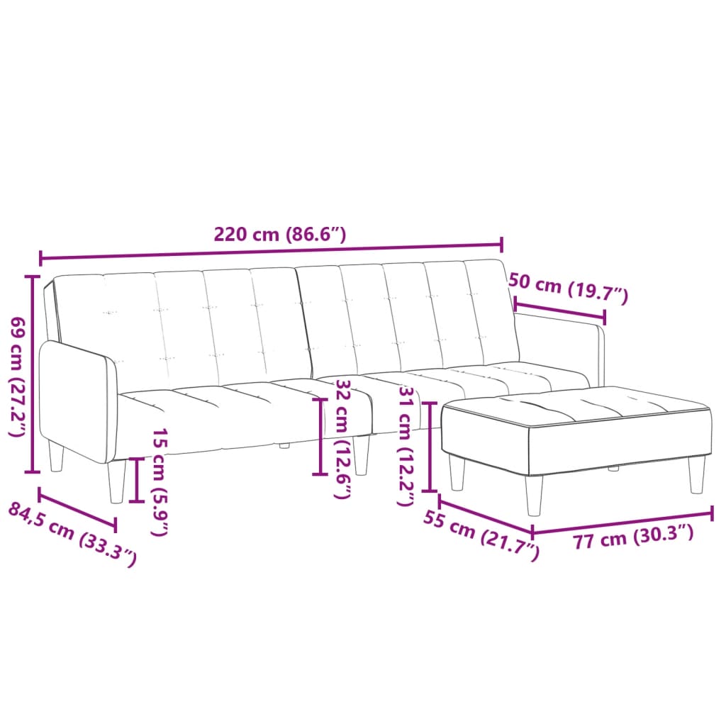 Canapea extensibilă cu taburet, 2 locuri, negru, catifea GartenMobel Dekor