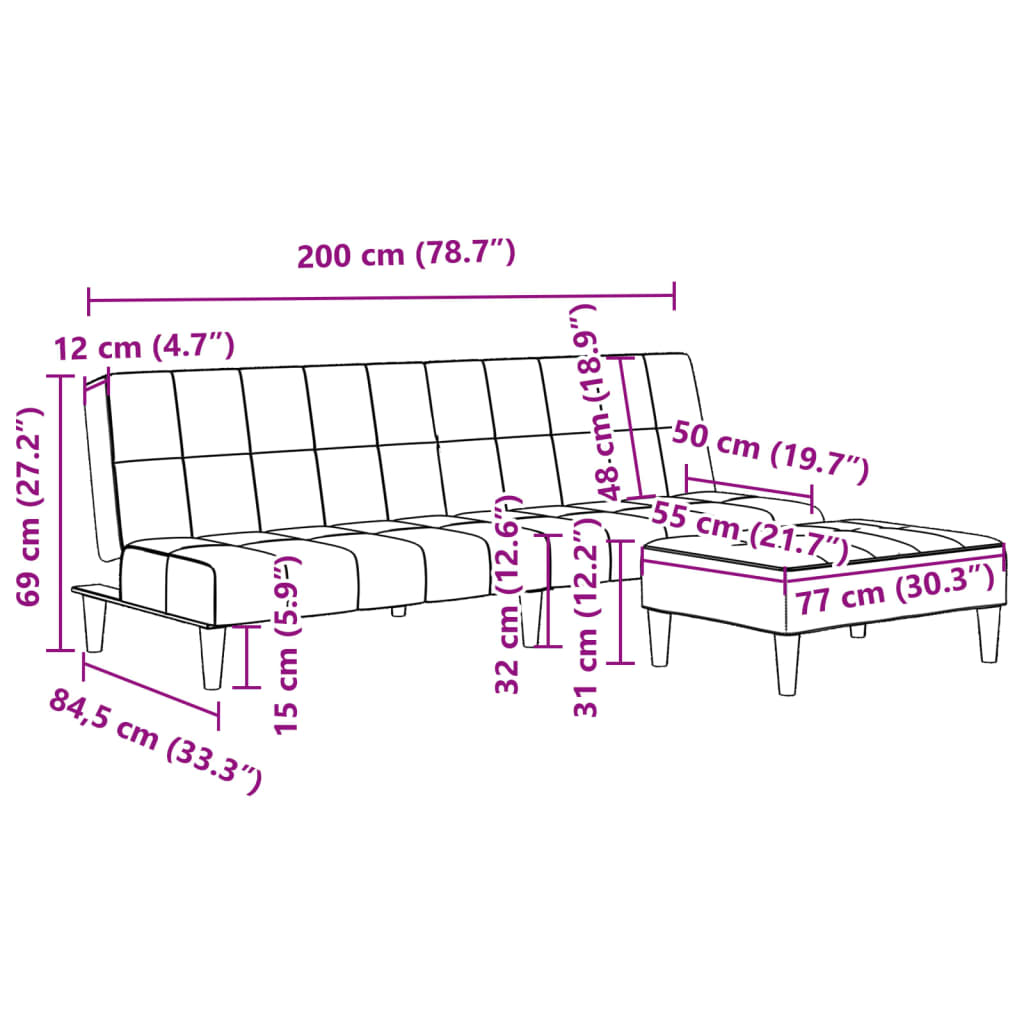 Canapea extensibilă cu taburet, 2 locuri, negru, catifea GartenMobel Dekor