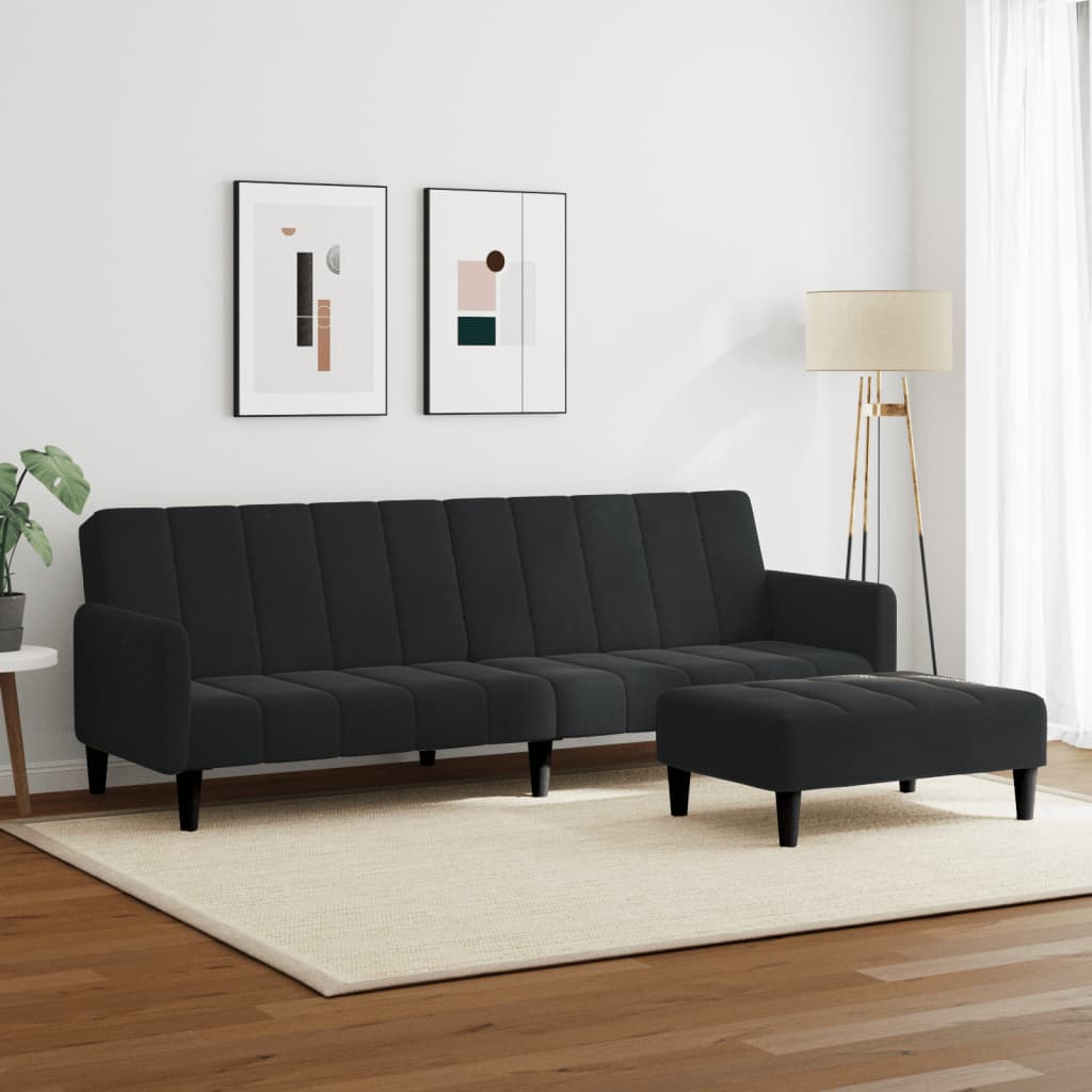 Canapea extensibilă cu taburet, 2 locuri, negru, catifea GartenMobel Dekor