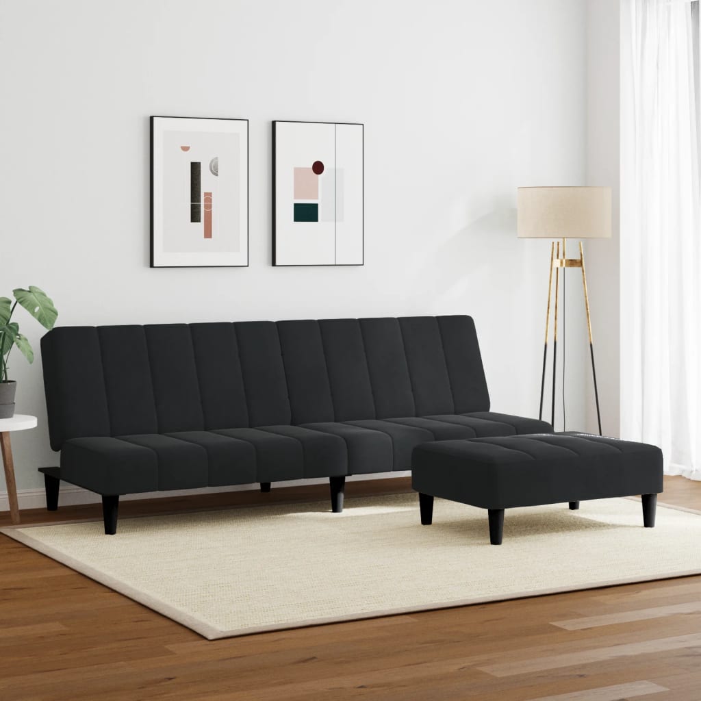 Canapea extensibilă cu taburet, 2 locuri, negru, catifea GartenMobel Dekor