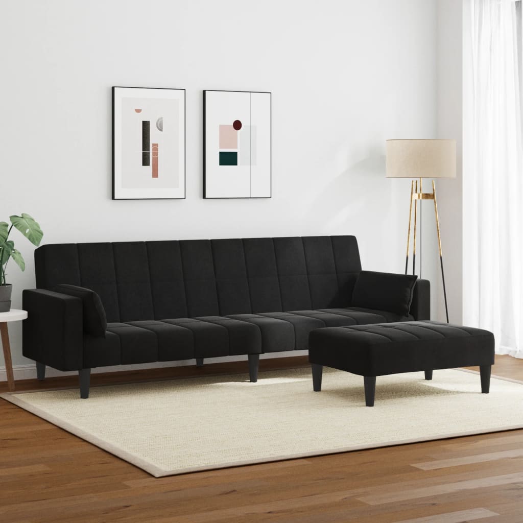 Canapea extensibilă cu taburet, 2 locuri, negru, catifea GartenMobel Dekor