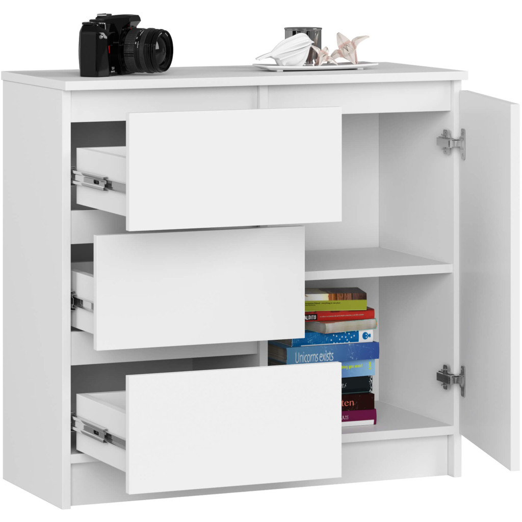 Comoda JERRY cu 3 sertare si dulap cu rafturi, PAL laminat, 80x35x77 cm, alb mat Household NewTrend