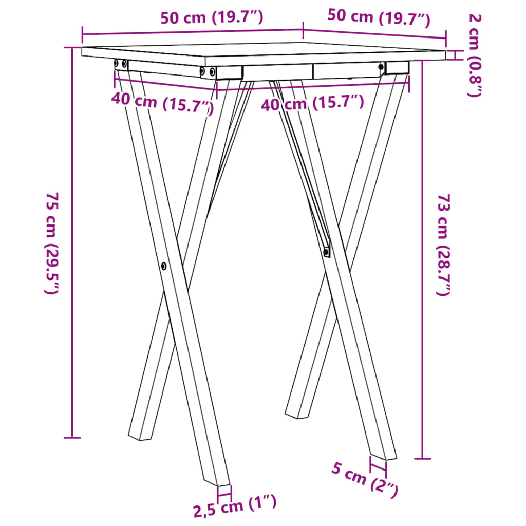 Masă de bucătărie, cadru X, 50x50x75 cm lemn masiv pin și Oţel GartenMobel Dekor