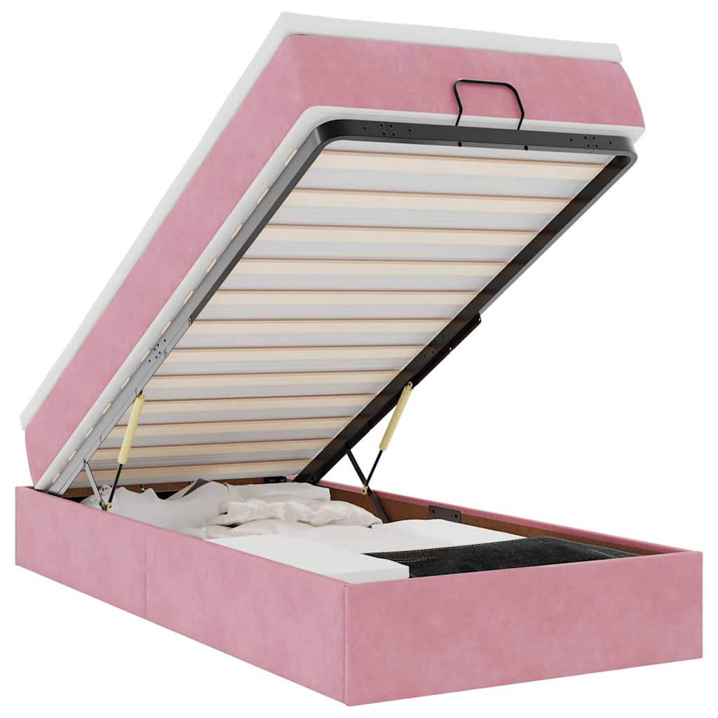 Cadru de pat otoman cu saltea, catifea roz 90x190cm GartenMobel Dekor