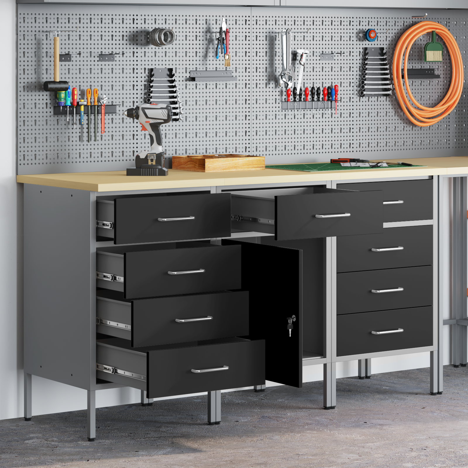 Dulap de lucru cu sertar 3 pcs Negru și Gri 150 x 55 x 85 cm GartenMobel Dekor