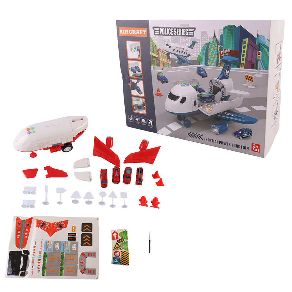 Leziter Avion de transport pompieri cu 4 autospeciale, accesorii, efecte luminoase și sonore Mobalis Homvera