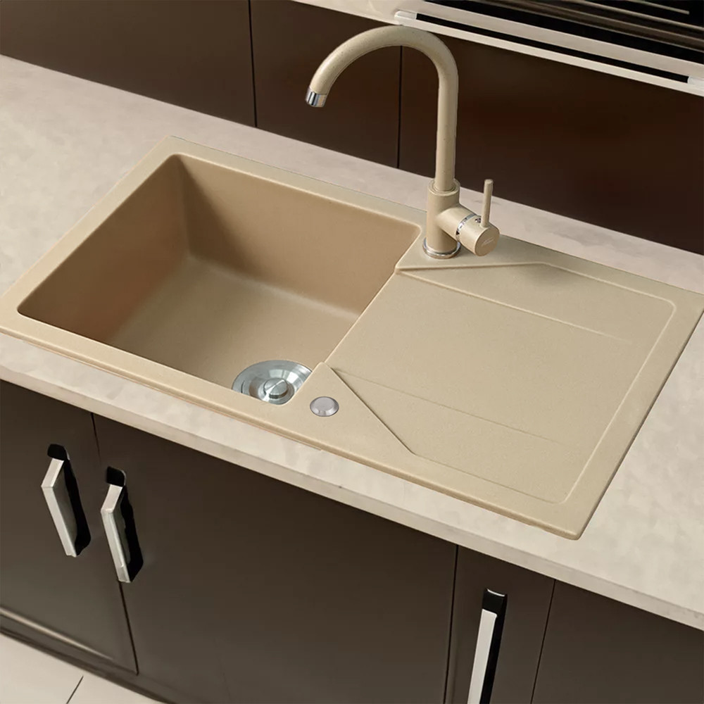 Leziter Chiuvetă Gori pătrată cu o singură lavoar, cu picurare, din granit, cu sifon, bej Mobalis Homvera