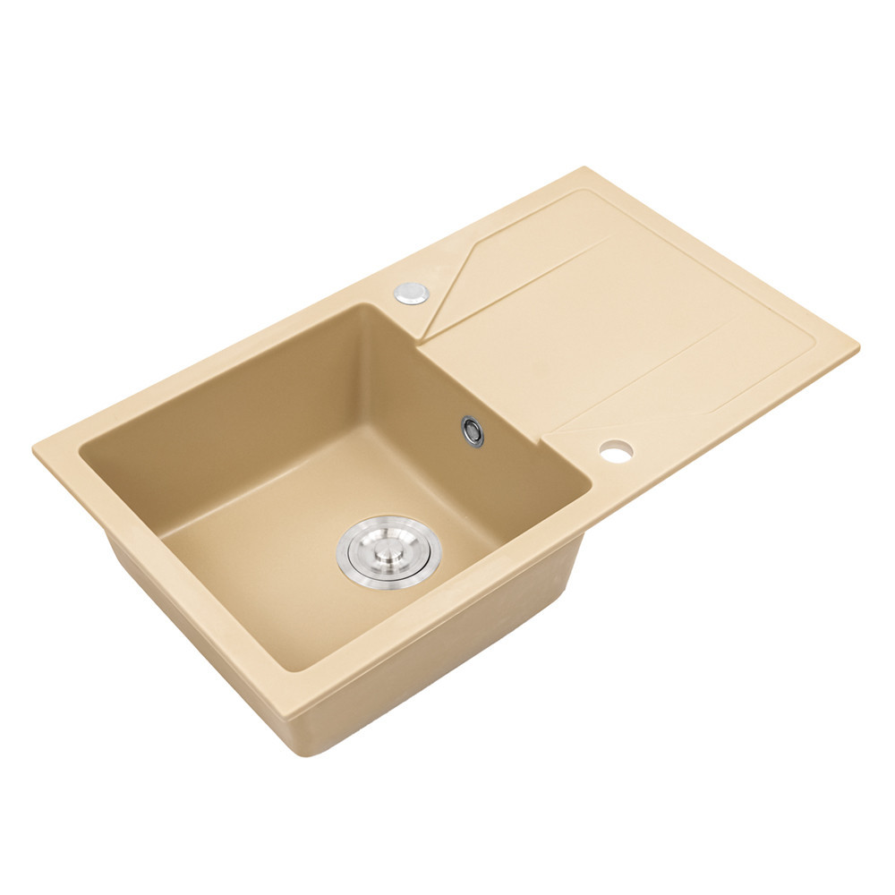 Leziter Chiuvetă Gori pătrată cu o singură lavoar, cu picurare, din granit, cu sifon, bej Mobalis Homvera