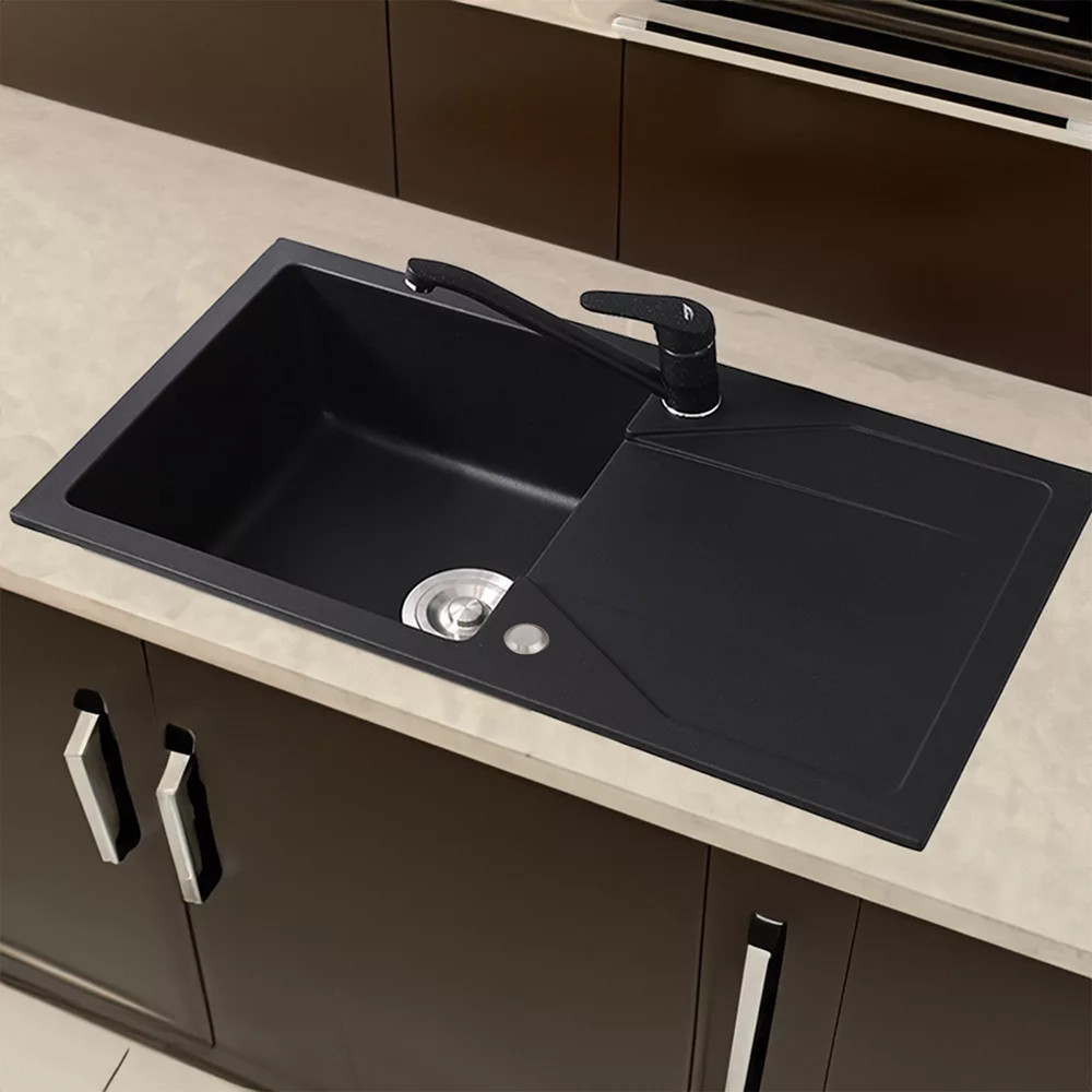 Leziter Chiuvetă Gori pătrată cu un singur lavoar din granit, cu sifon și sifon, neagră Mobalis Homvera