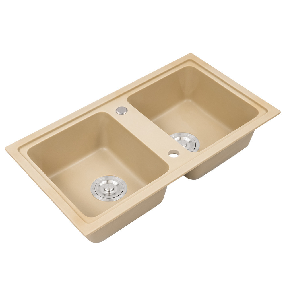 Leziter Chiuvetă pătrată Tia din granit cu două cuve și sifon bej Mobalis Homvera