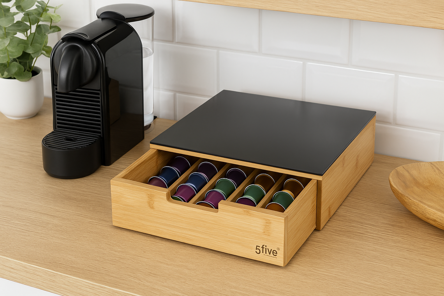 Suport capsule cafea 5Five Blackbamboo, cu sertar, bambus si sticla, 30x30x10 cm, natur si negru Household NewTrend