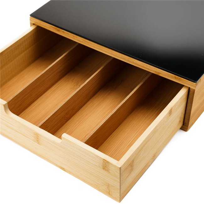 Suport capsule cafea 5Five Blackbamboo, cu sertar, bambus si sticla, 30x30x10 cm, natur si negru Household NewTrend