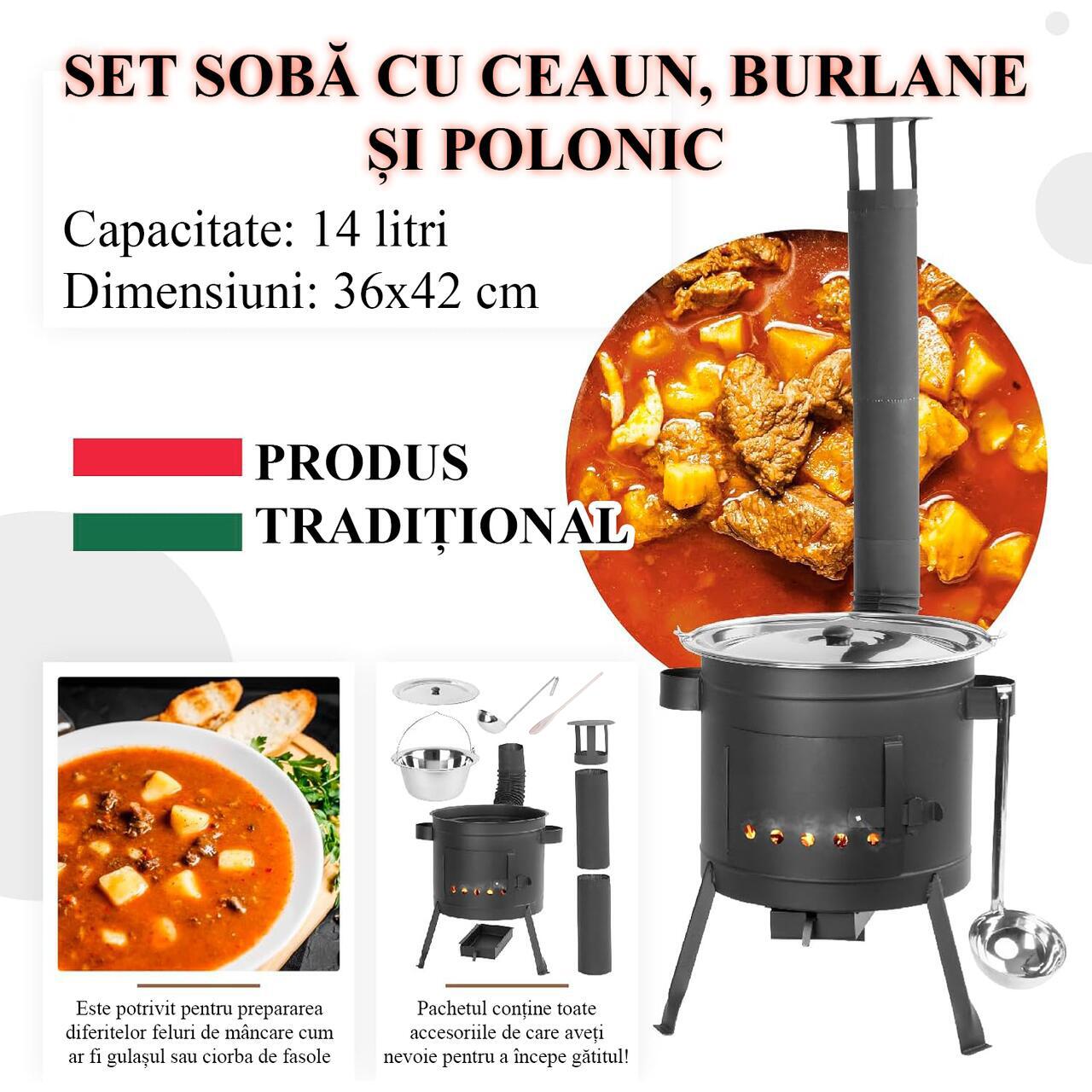 Soba cu ceaun/tuci, cu burlane, 36 cm, ceaun de 14 L, polonic, lingura de lemn, Artool GartenVIP DiyLine
