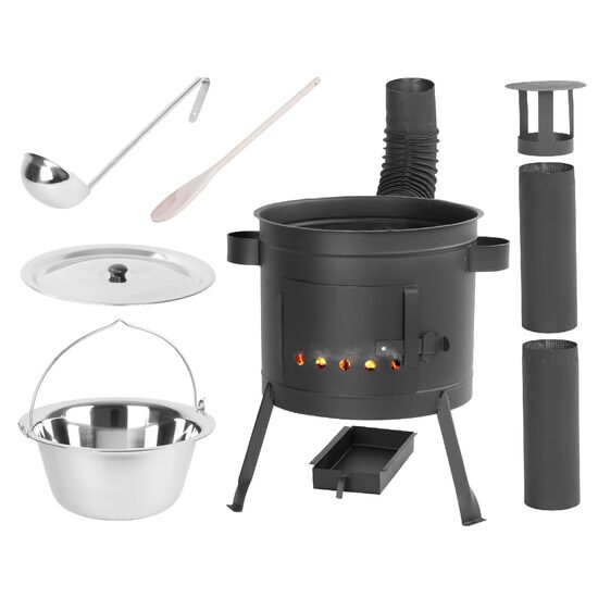 Soba cu ceaun/tuci, cu burlane, 42 cm, ceaun de 22 L, polonic, lingura de lemn, Artool GartenVIP DiyLine