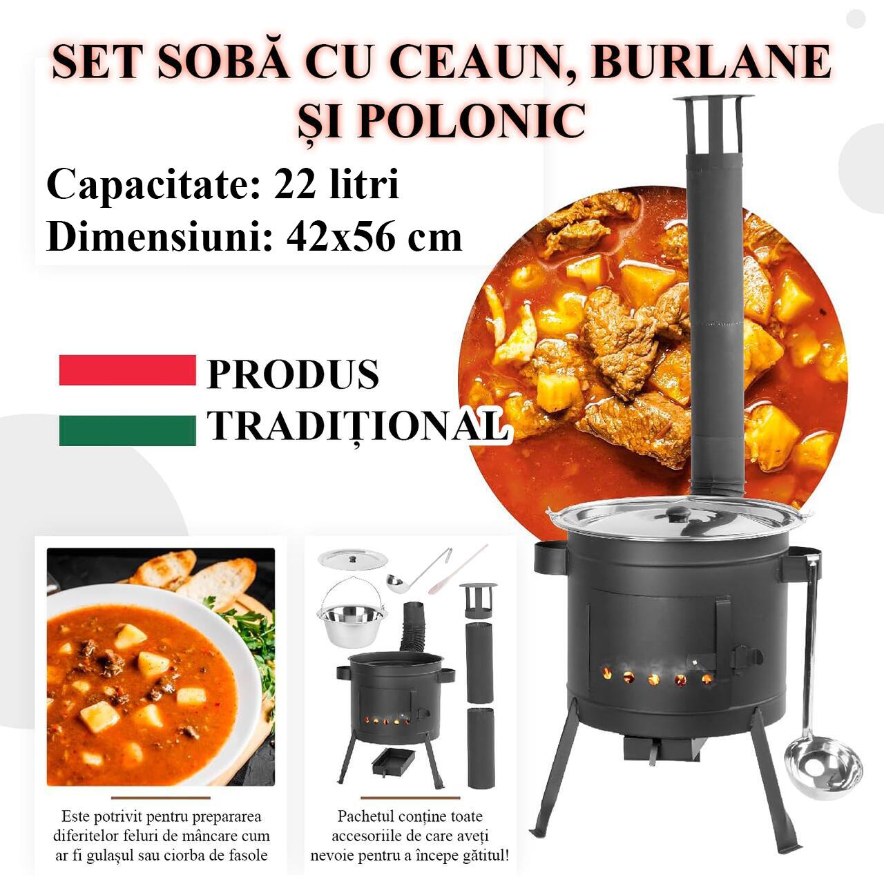 Soba cu ceaun/tuci, cu burlane, 42 cm, ceaun de 22 L, polonic, lingura de lemn, Artool GartenVIP DiyLine