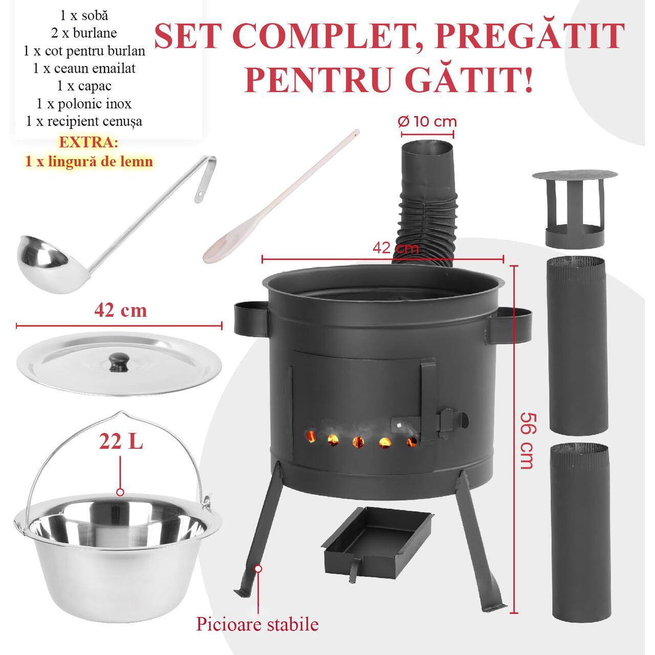 Soba cu ceaun/tuci, cu burlane, 42 cm, ceaun de 22 L, polonic, lingura de lemn, Artool GartenVIP DiyLine