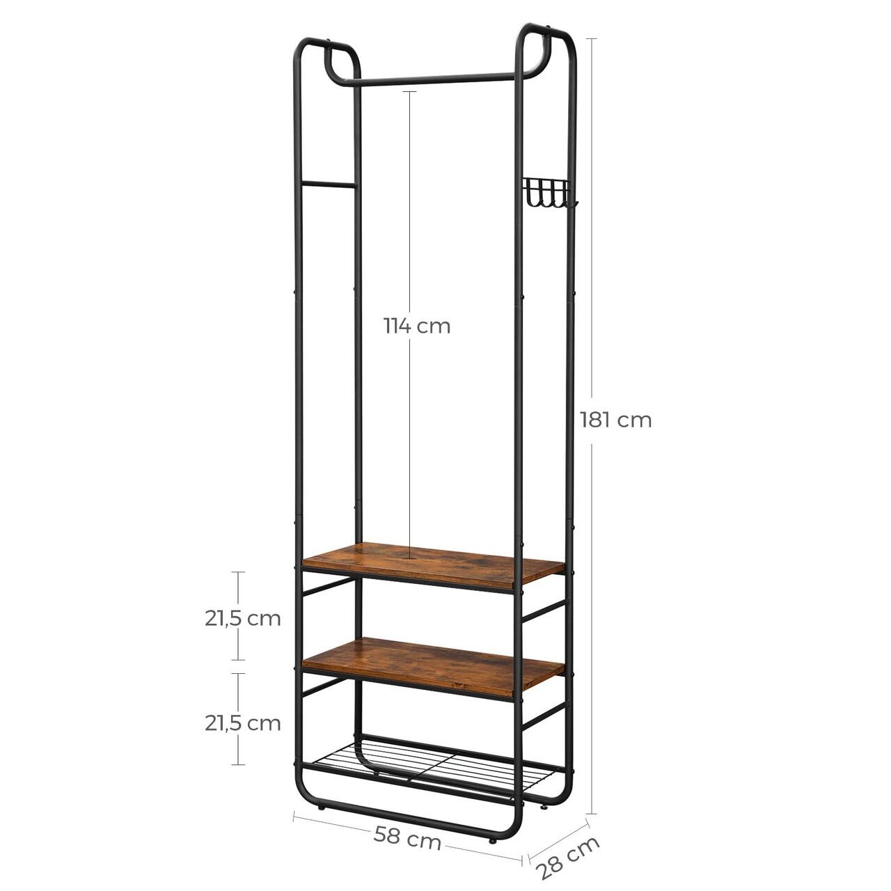 Suport pentru haine, cuier, Artool, cu 3 rafturi incaltaminte, pal, metal, negru si maro rustic, 58x28x181 cm GartenVIP DiyLine