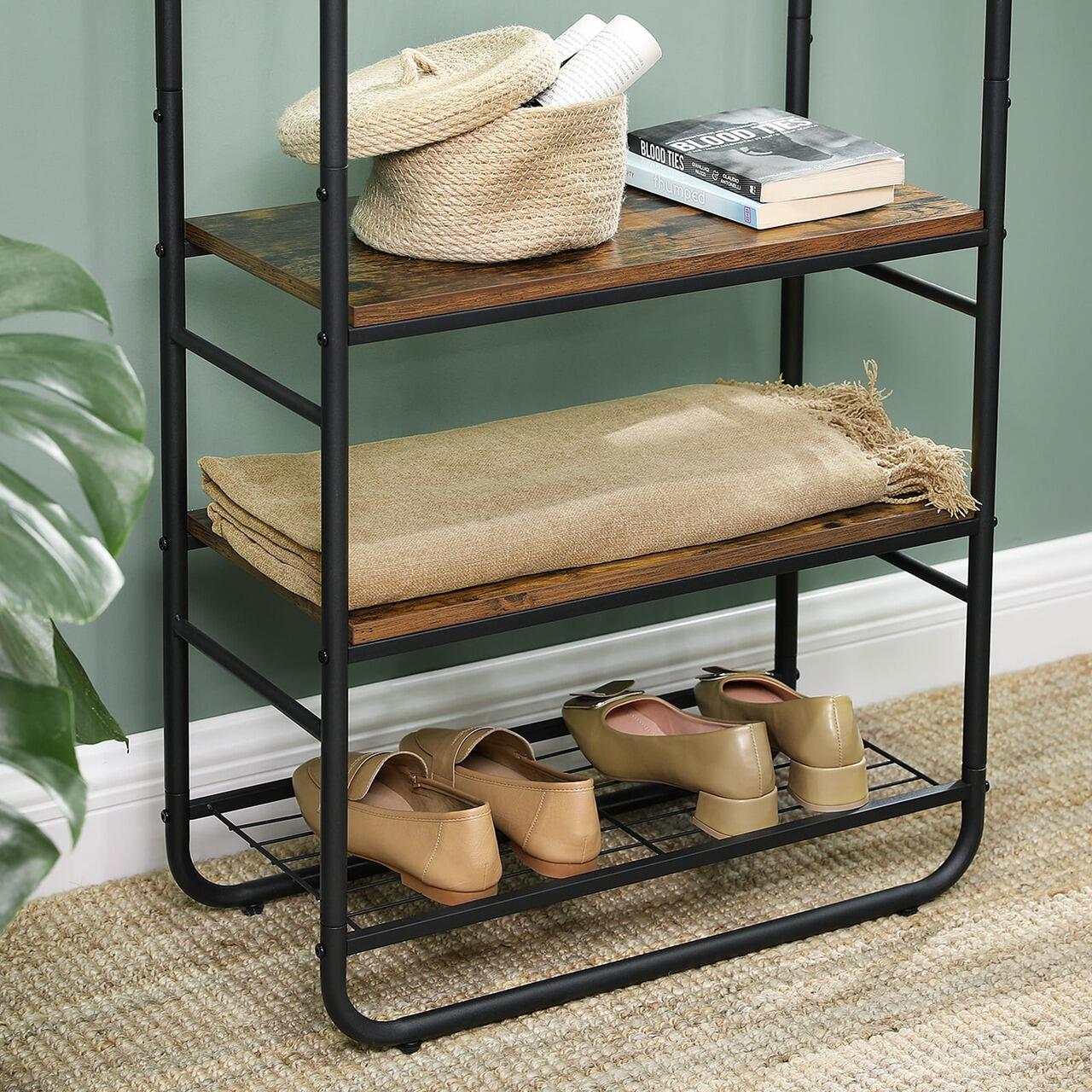 Suport pentru haine, cuier, Artool, cu 3 rafturi incaltaminte, pal, metal, negru si maro rustic, 58x28x181 cm GartenVIP DiyLine