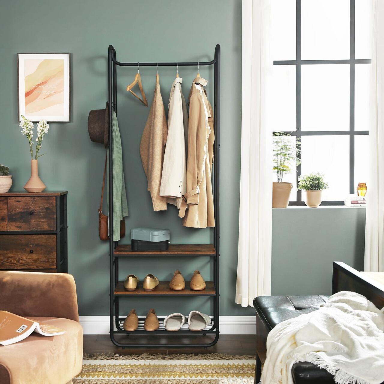 Suport pentru haine, cuier, Artool, cu 3 rafturi incaltaminte, pal, metal, negru si maro rustic, 58x28x181 cm GartenVIP DiyLine