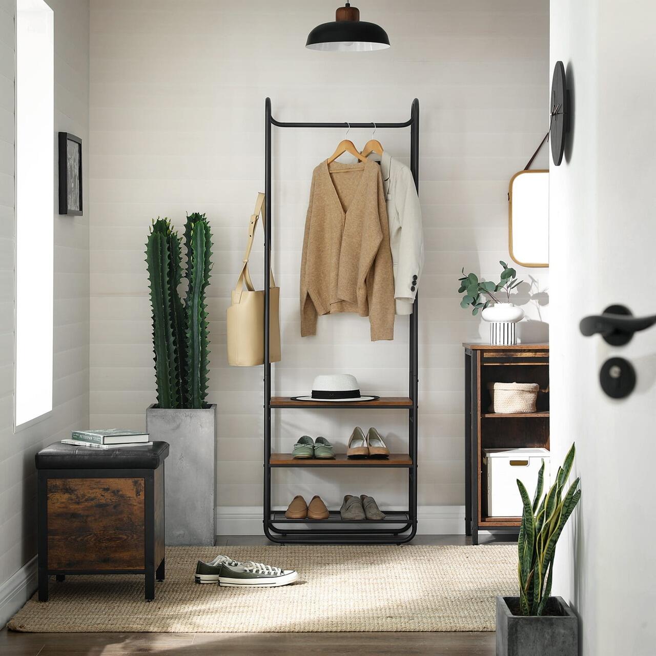 Suport pentru haine, cuier, Artool, cu 3 rafturi incaltaminte, pal, metal, negru si maro rustic, 58x28x181 cm GartenVIP DiyLine