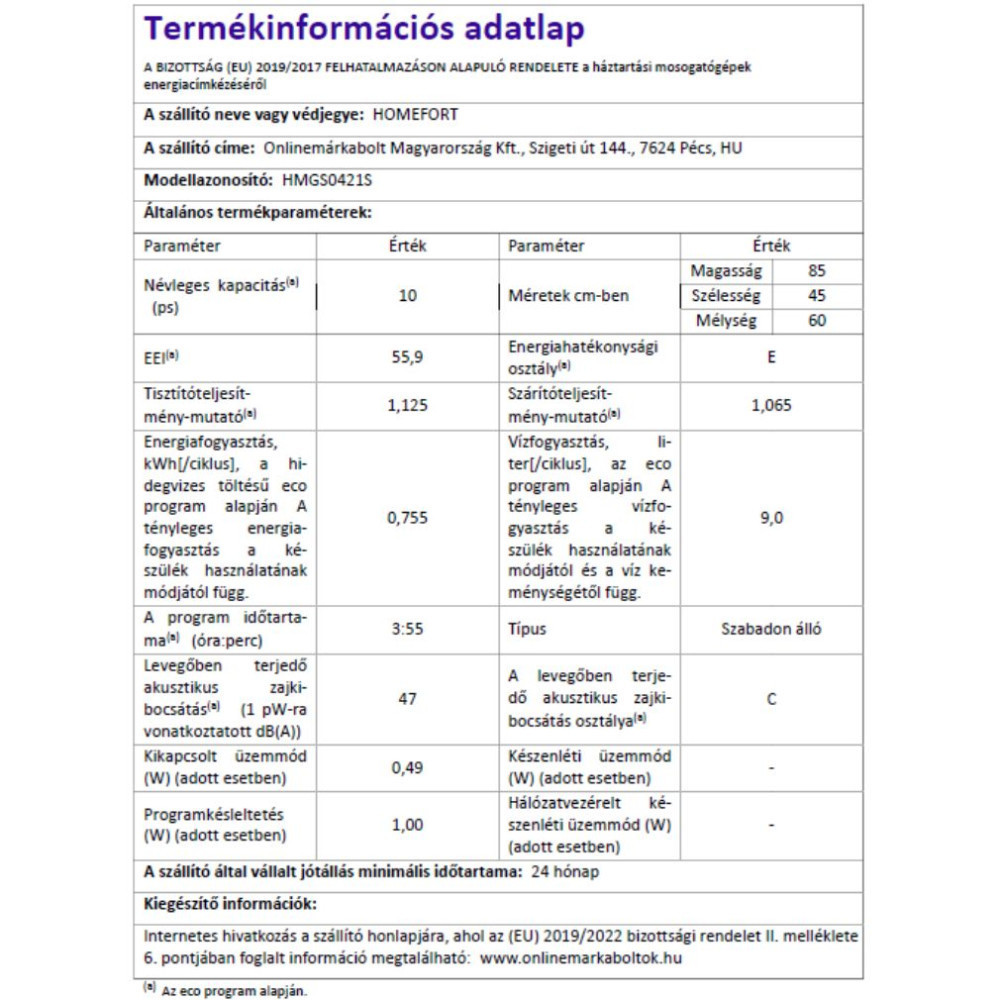 Homefort Mașină de spălat vase independentă HOMEFORT HMGS0421S Mobalis Homvera