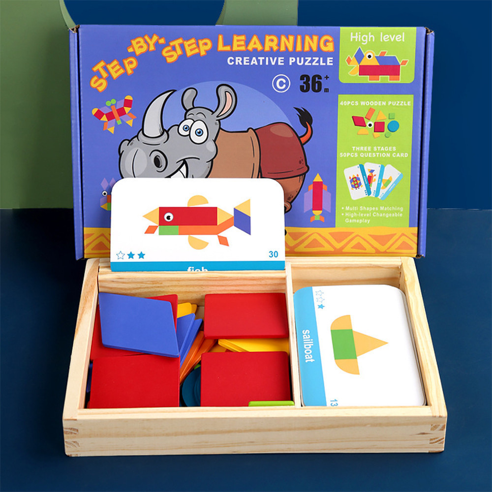 Leziter Joc magnetic tangram din lemn cu cărți englezești, nivel avansat Mobalis Homvera