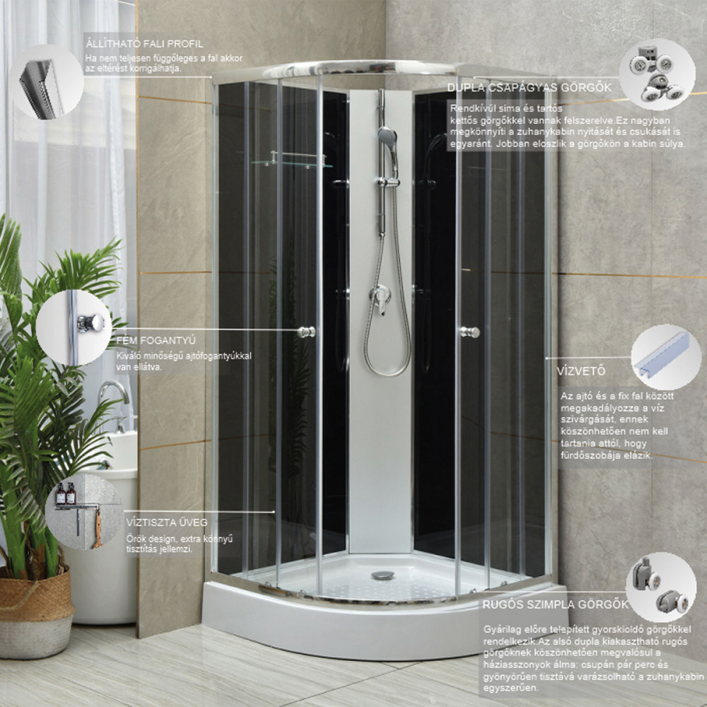 Leziter Cabină de duș Marco Black II 90x90 cm cu cădiță de duș Mobalis Homvera