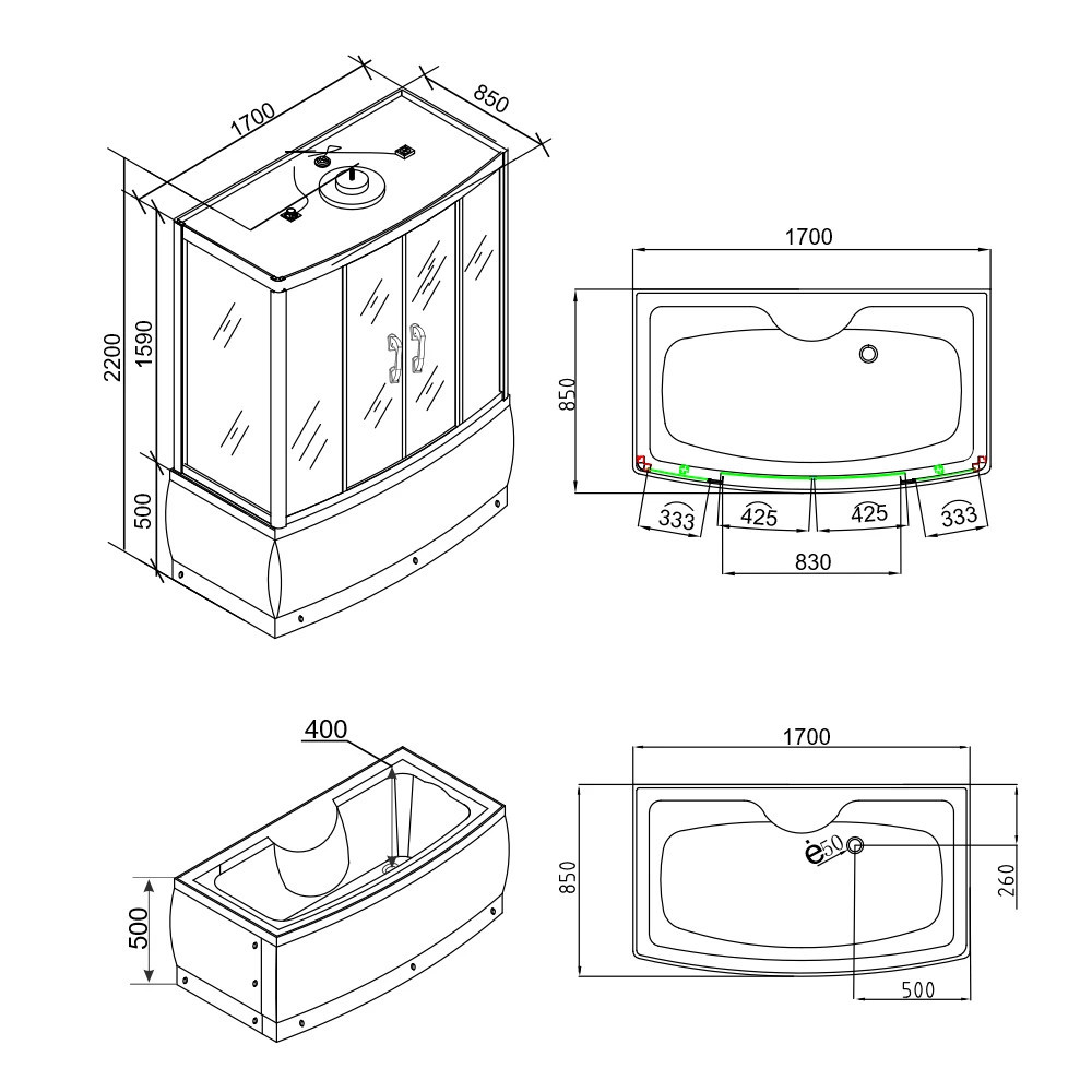 Leziter Cadă cu hidromasaj Emilia 85x170 cm cu electronică Neagră Mobalis Homvera