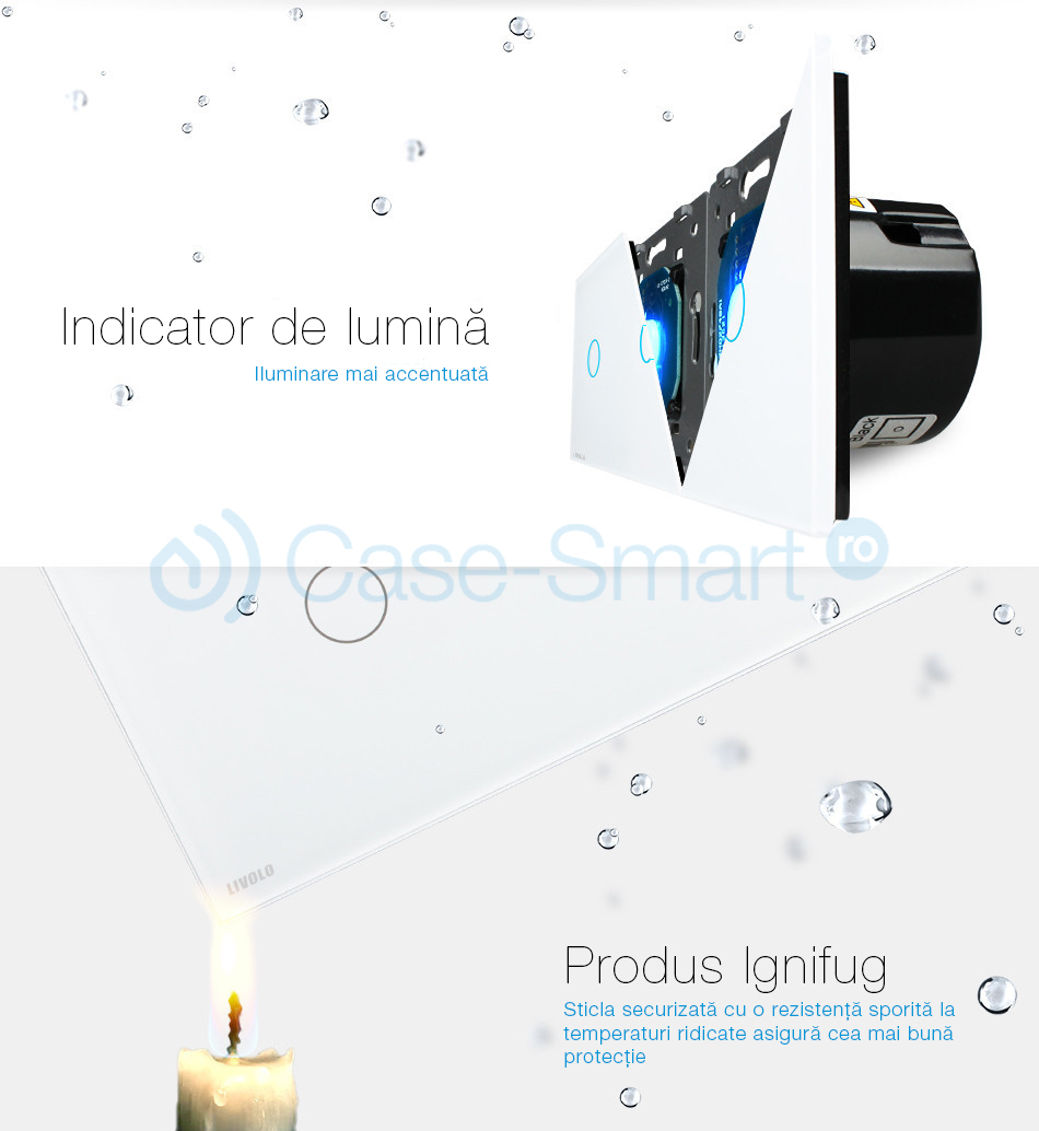 Panou 2 intrerupatoare simple cu touch si 2 prize LIVOLO din sticla SmartElectro IntelligentHouse