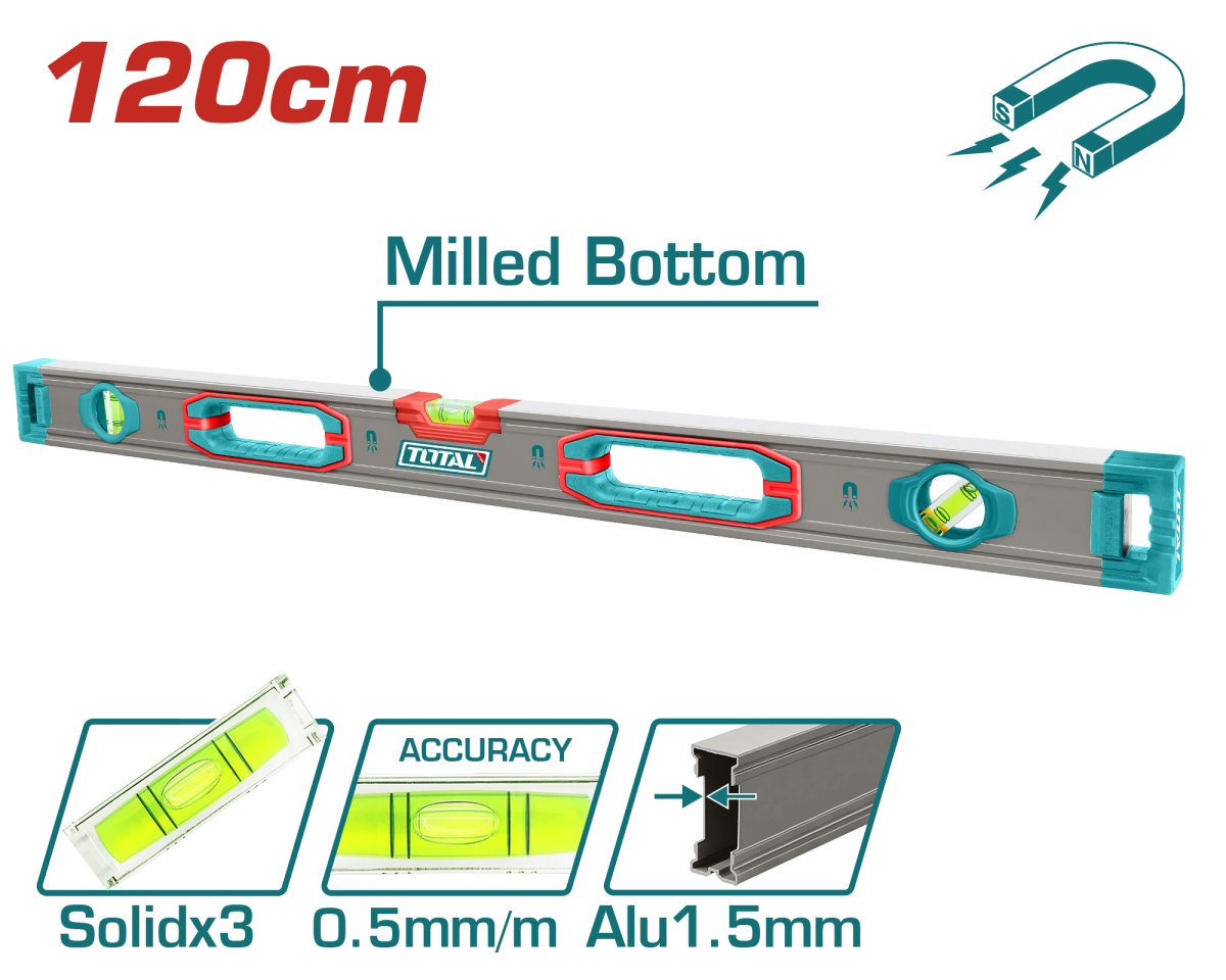 TOTAL - NIVELA MAGNETICA CU BULA - 120CM - PRECIZIE 0,5MM (INDUSTRIAL) PowerTool TopQuality