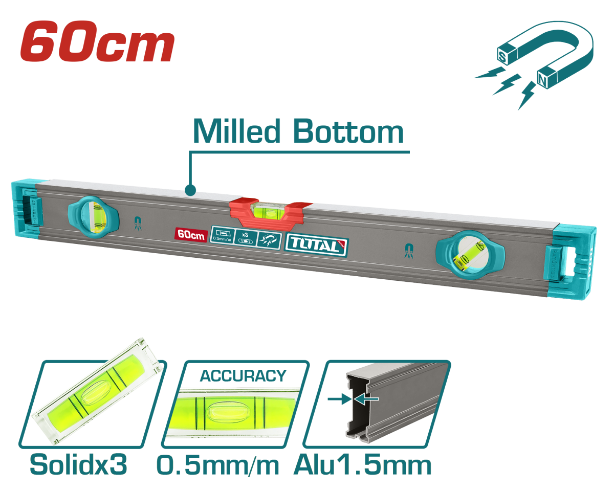 TOTAL - NIVELA MAGNETICA CU BULA - 60CM - PRECIZIE 0.5MM (INDUSTRIAL) PowerTool TopQuality