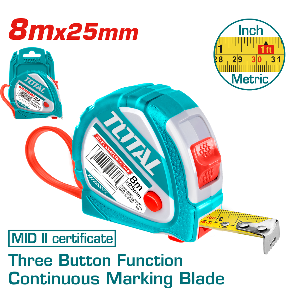 TOTAL - RULETA 8M X 25MM - BUTON 3 FUNCTII PowerTool TopQuality