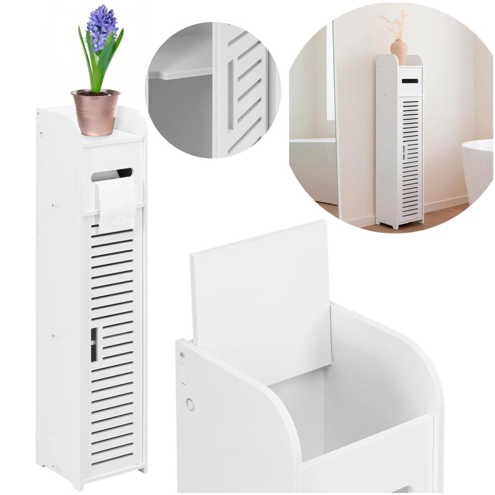 Etajera ingusta pentru baie, 3 rafturi si sertar suport hartie igienica, 80x17x16 cm, alb Household NewTrend