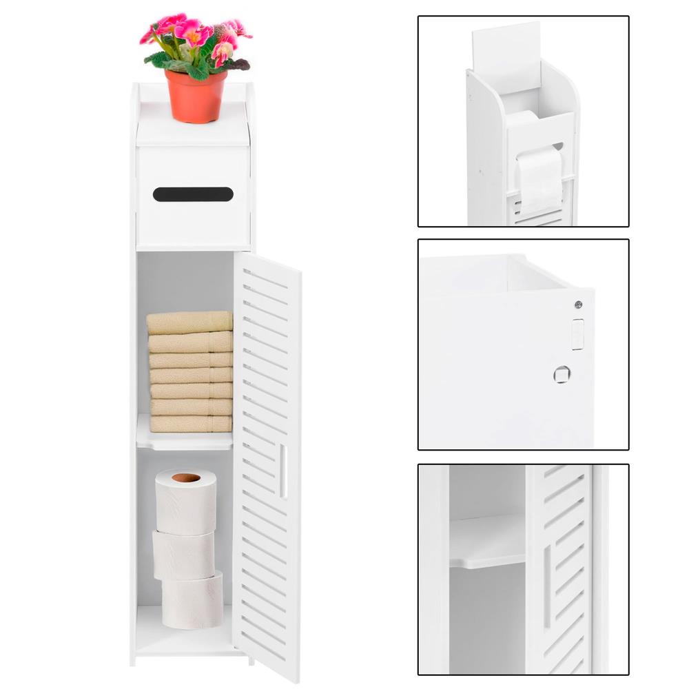 Etajera ingusta pentru baie, 3 rafturi si sertar suport hartie igienica, 80x17x16 cm, alb Household NewTrend