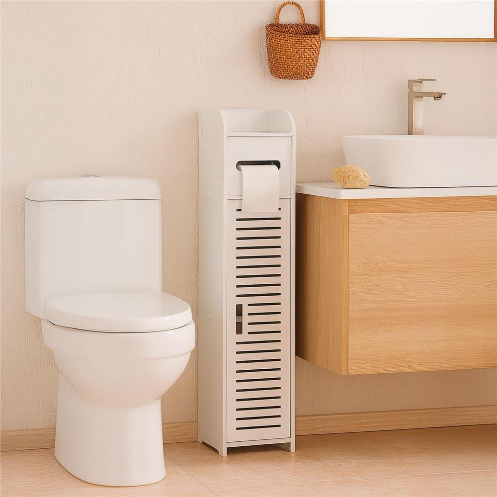 Etajera ingusta pentru baie, 3 rafturi si sertar suport hartie igienica, 80x17x16 cm, alb Household NewTrend