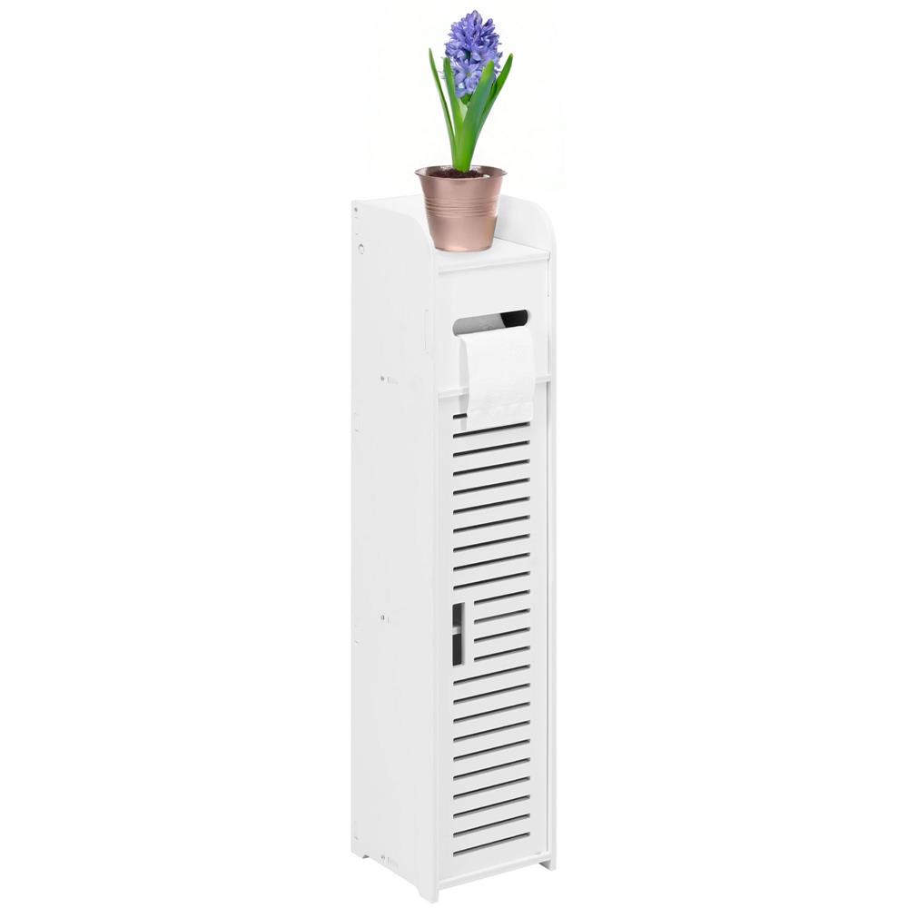 Etajera ingusta pentru baie, 3 rafturi si sertar suport hartie igienica, 80x17x16 cm, alb Household NewTrend