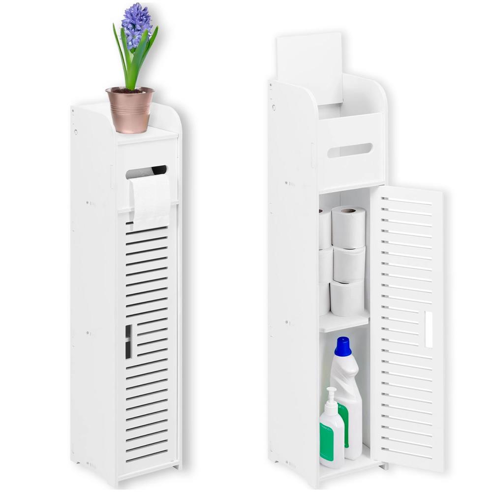 Etajera ingusta pentru baie, 3 rafturi si sertar suport hartie igienica, 80x17x16 cm, alb Household NewTrend