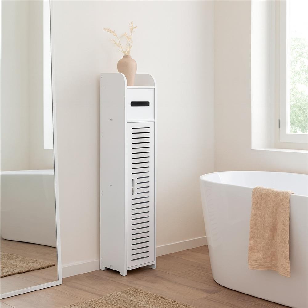 Etajera ingusta pentru baie, 3 rafturi si sertar suport hartie igienica, 80x17x16 cm, alb Household NewTrend