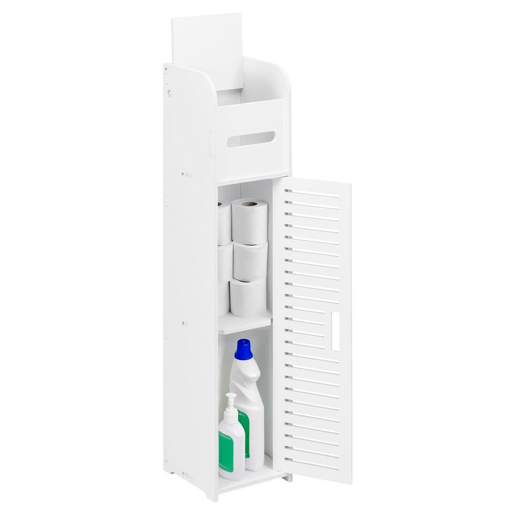 Etajera ingusta pentru baie, 3 rafturi si sertar suport hartie igienica, 80x17x16 cm, alb Household NewTrend