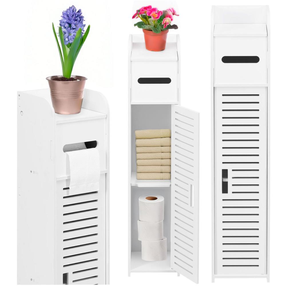 Etajera ingusta pentru baie, 3 rafturi si sertar suport hartie igienica, 80x17x16 cm, alb Household NewTrend