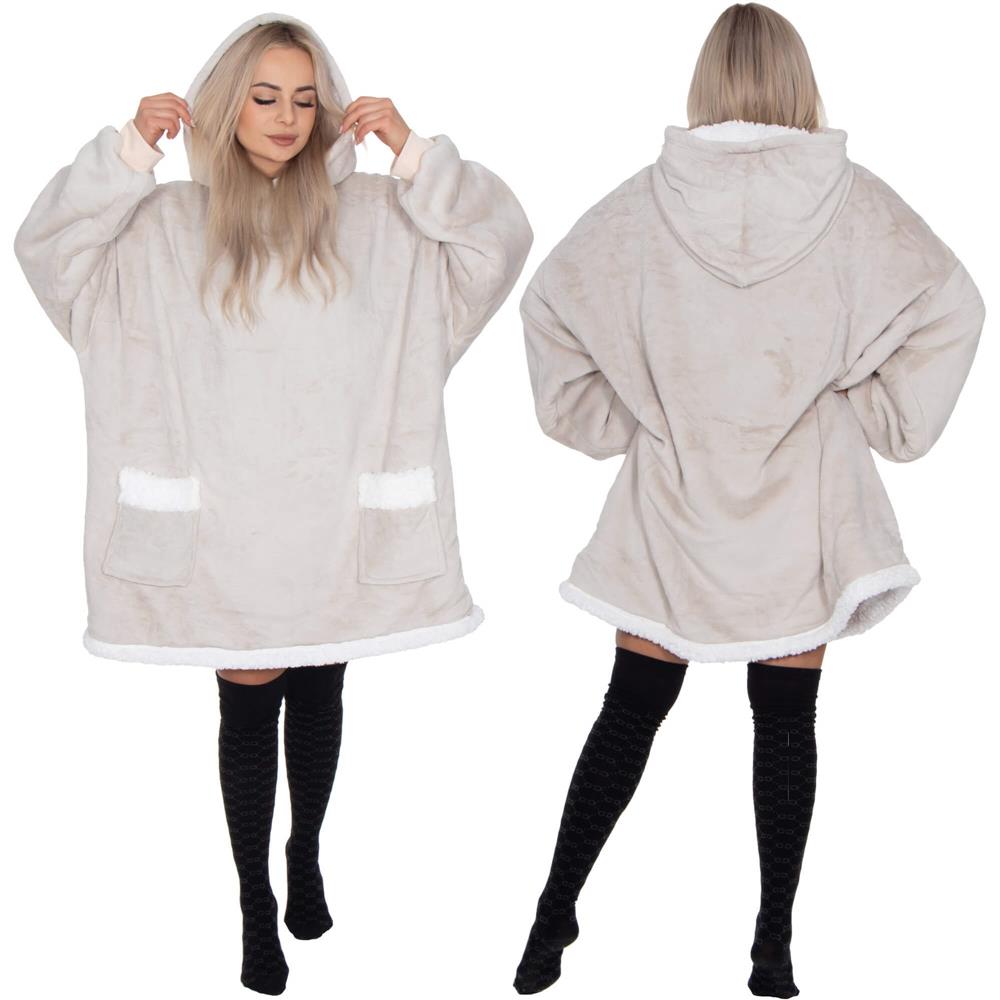 Hanorac tip patura oversize din fleece moale, cu gluga si buzunar mare, gri Household NewTrend