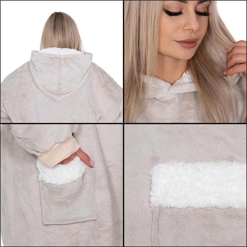 Hanorac tip patura oversize din fleece moale, cu gluga si buzunar mare, gri Household NewTrend