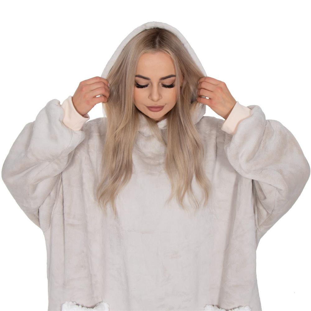 Hanorac tip patura oversize din fleece moale, cu gluga si buzunar mare, gri Household NewTrend