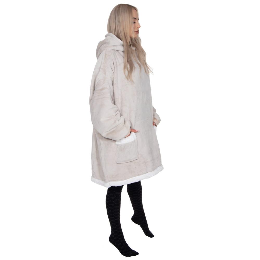 Hanorac tip patura oversize din fleece moale, cu gluga si buzunar mare, gri Household NewTrend