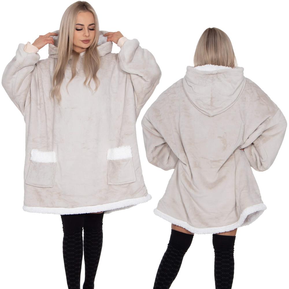 Hanorac tip patura oversize din fleece moale, cu gluga si buzunar mare, gri Household NewTrend