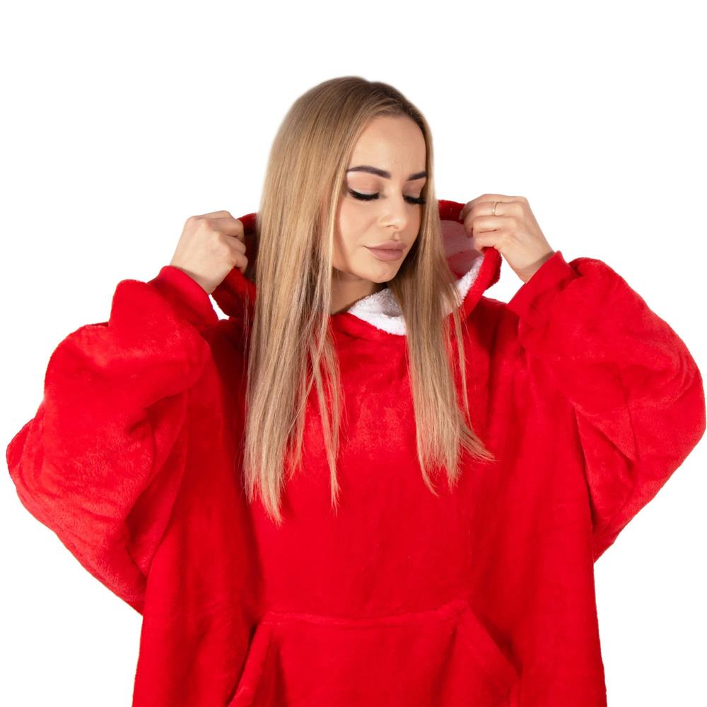 Hanorac tip patura oversize din fleece moale, cu gluga si buzunar mare, rosu Household NewTrend