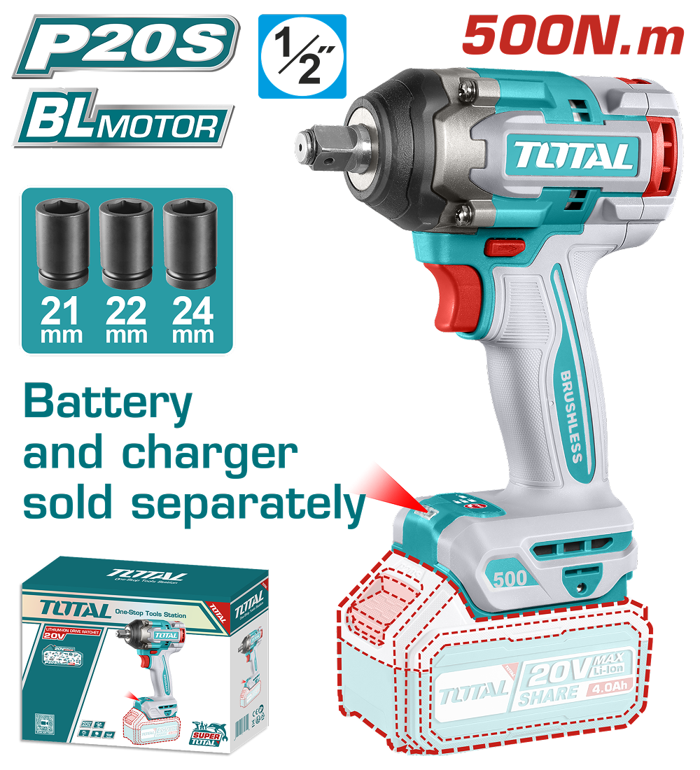 TOTAL - MASINA DE INSURUBAT CU IMPACT - 20V - MOTOR FARA PERII (NU INCLUDE ACUMULATOR) 1/2'' PowerTool TopQuality
