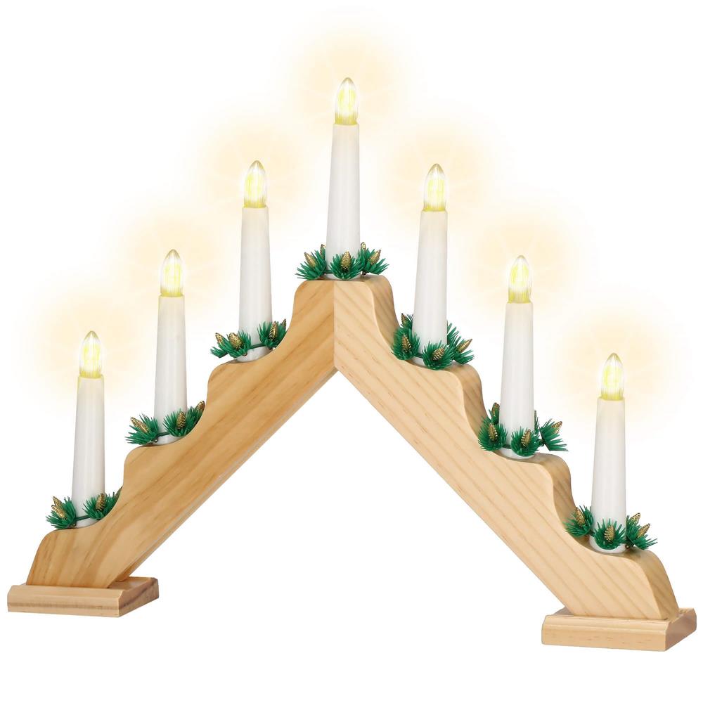 Sfesnic decorativ LED cu 7 lumanari si coronite verzi, alimentare baterii, 40x31 cm, maro si alb Household NewTrend